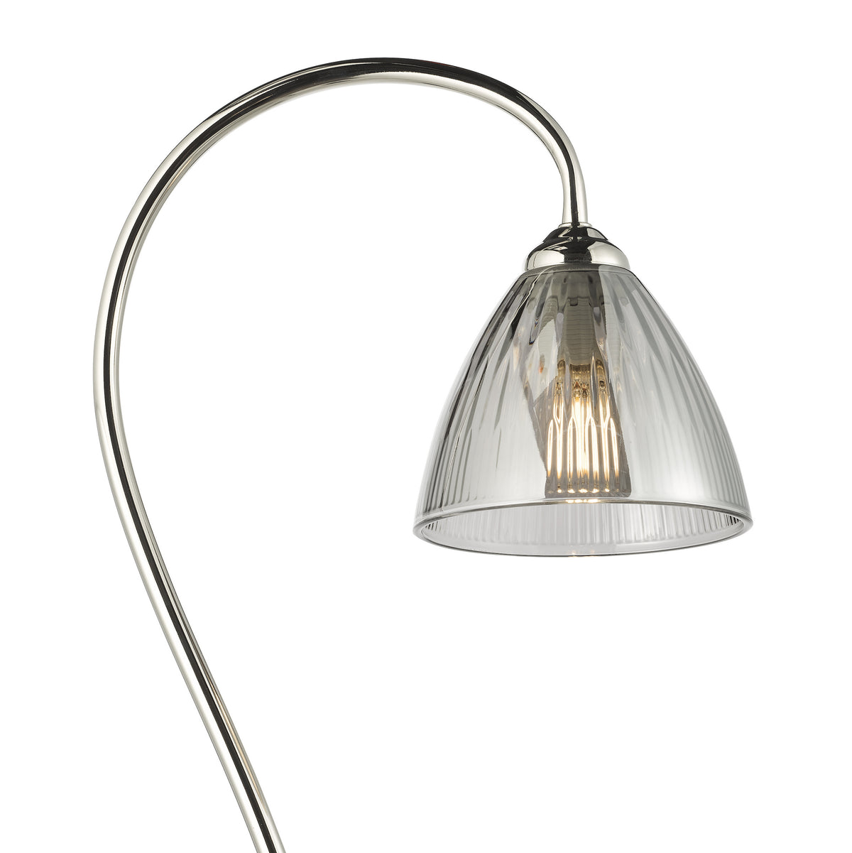 Chrome floor lamp with a curved stem and a ribbed glass shade