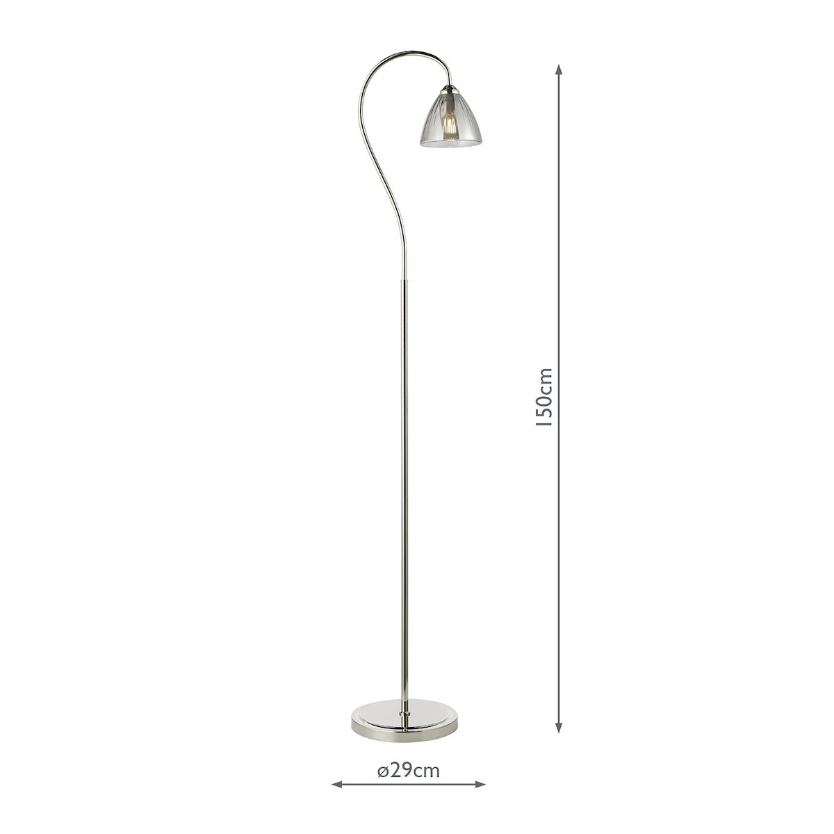 Chrome floor lamp with a curved arm and clear glass shade, 150cm tall with a 29cm base