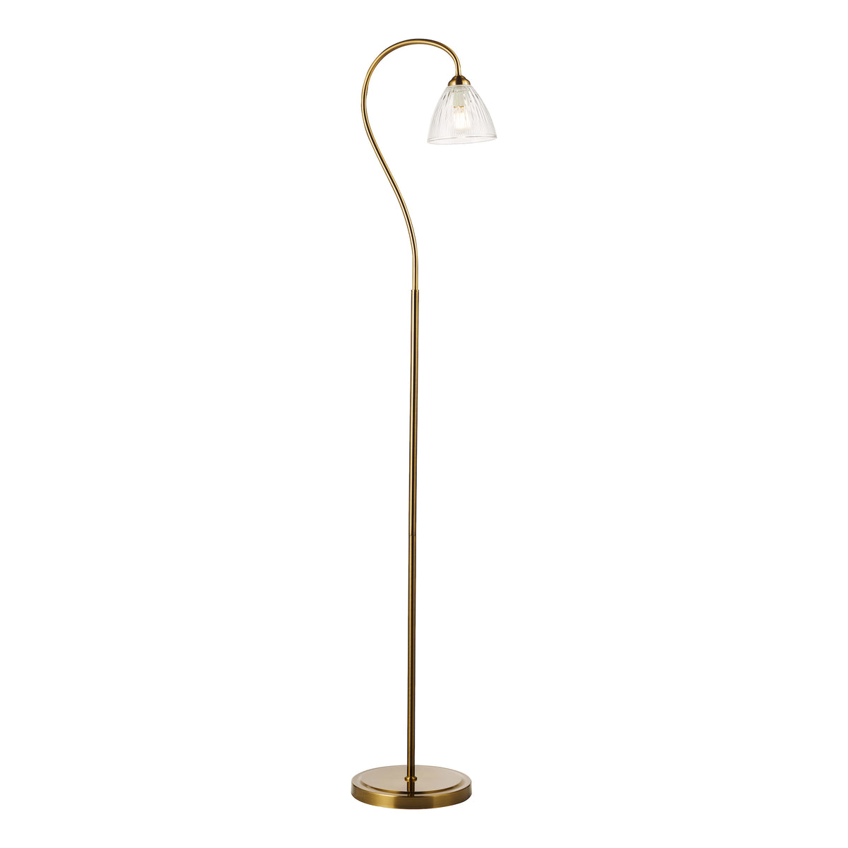 Brass floor lamp with a curved neck and a clear, ribbed glass shade