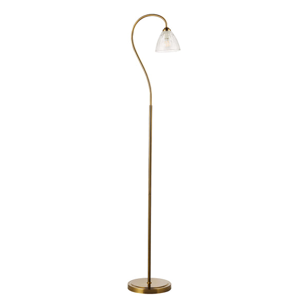 Brass floor lamp with a curved neck and a clear, ribbed glass shade