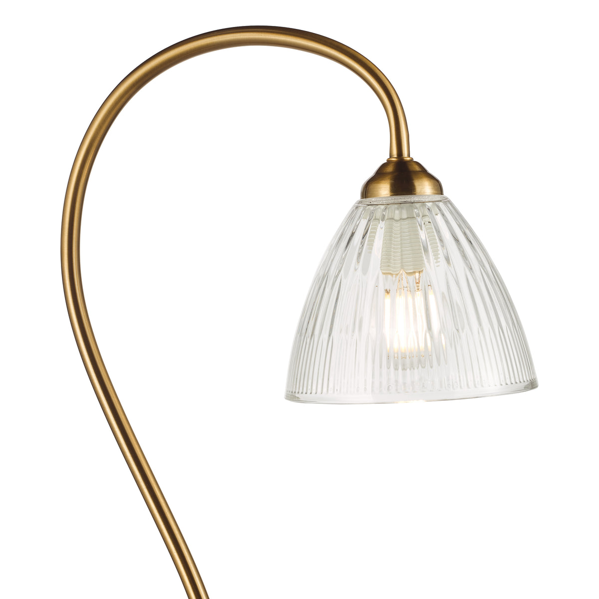 Curved brass lamp with a fluted glass shade and an exposed bulb