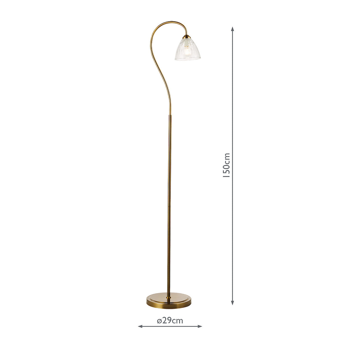 Gold floor lamp with a curved neck and a clear glass shade, 150cm tall with a 29cm base