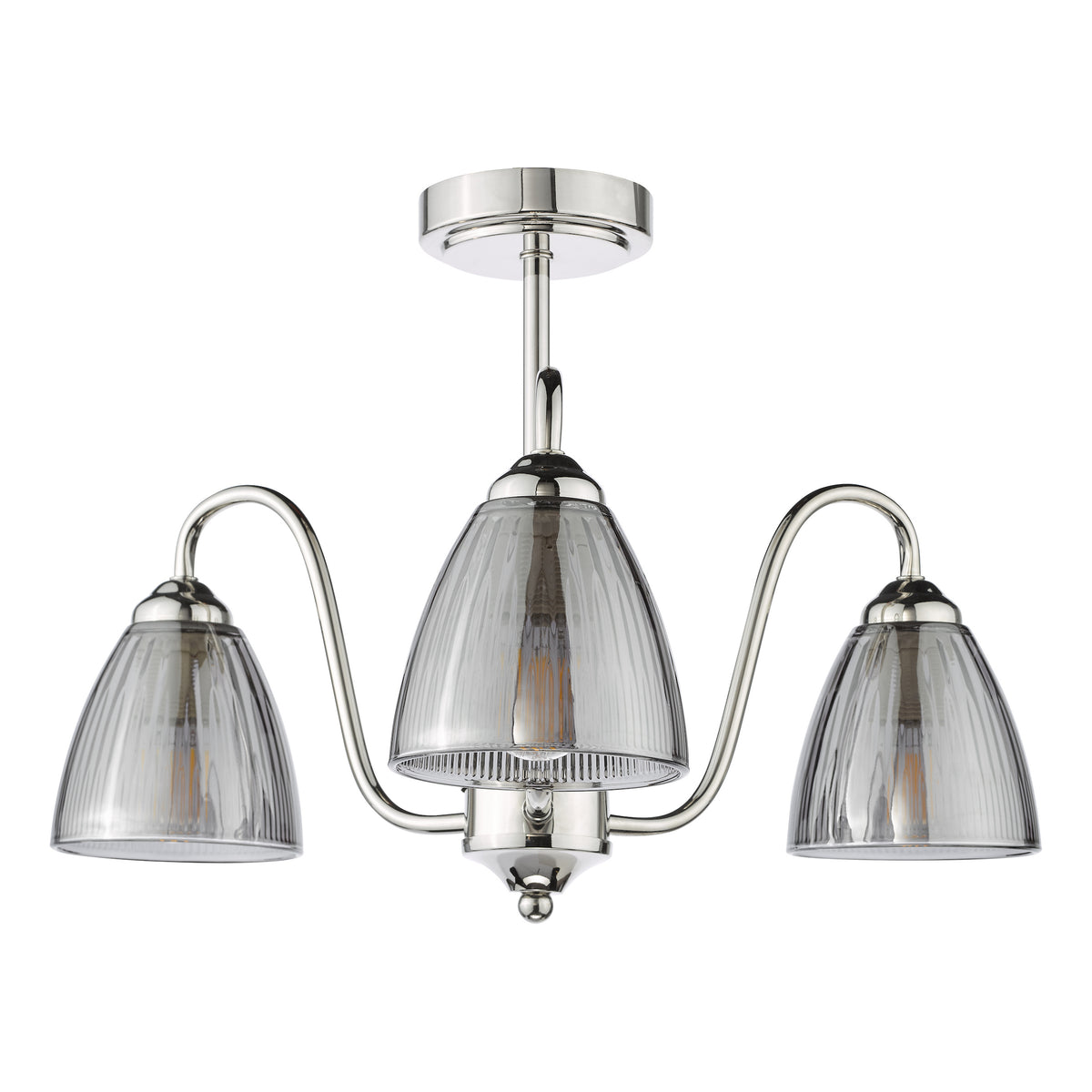 Three-light semi-flush ceiling light with ribbed glass shades and polished chrome finish