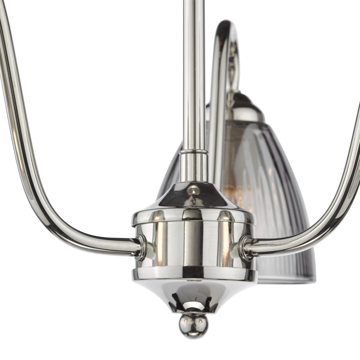 Close up of a polished nickel chandelier with three arms and fluted glass shades