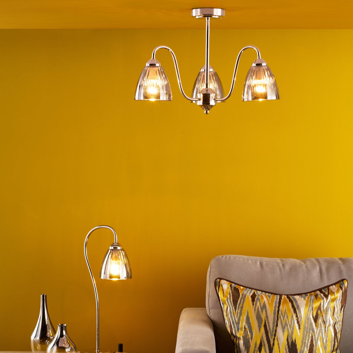 Three-light ceiling pendant and matching table lamp with ribbed glass shades