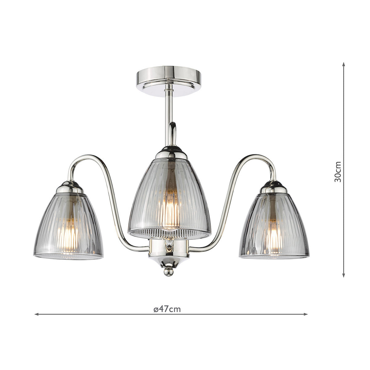 Polished chrome three-arm ceiling light with ribbed glass shades