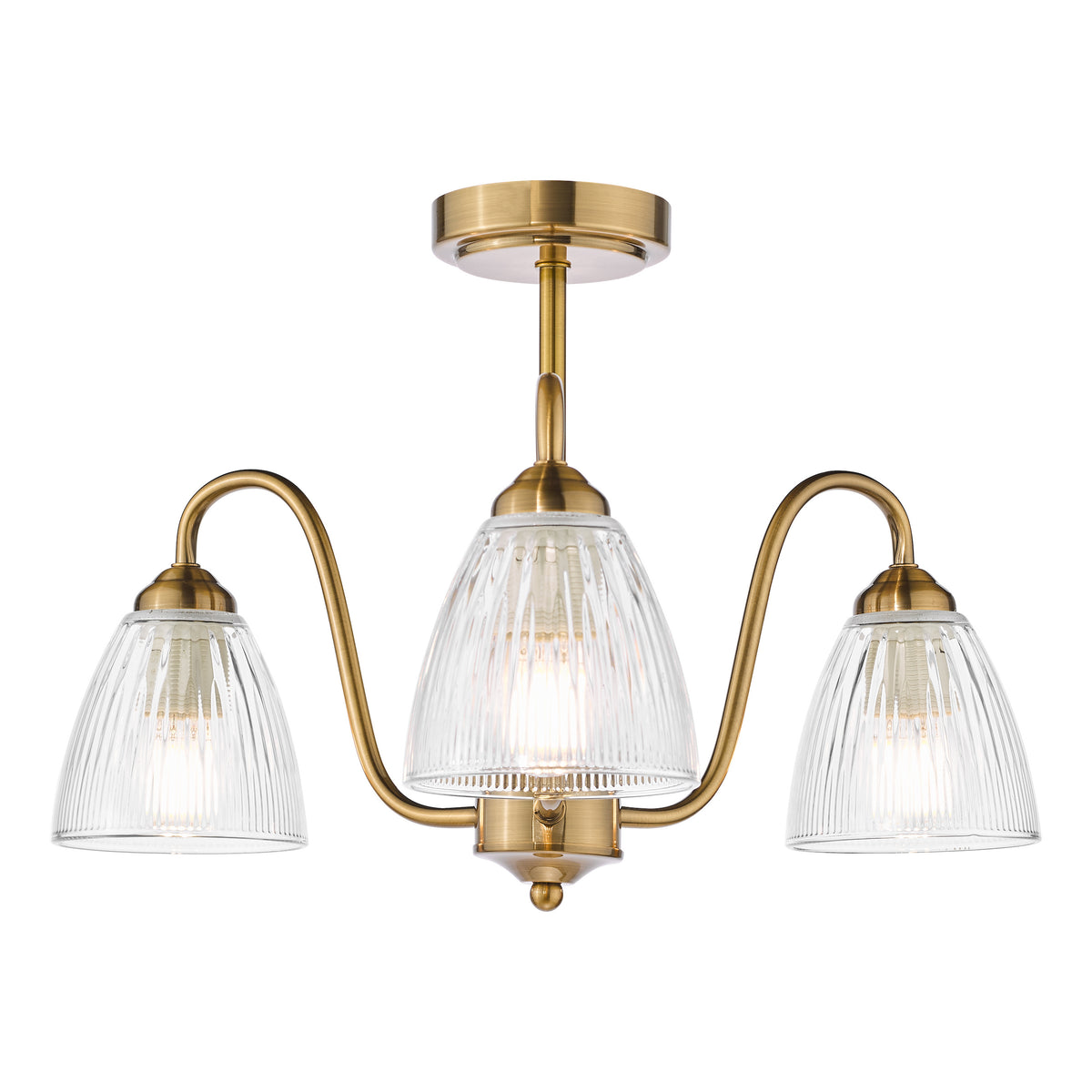 Three-light semi-flush ceiling light in antique brass with ribbed glass shades