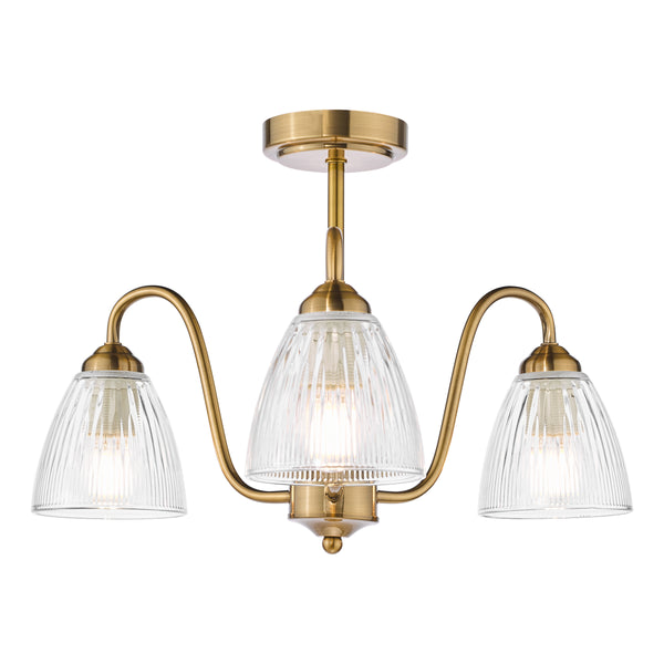Three-light semi-flush ceiling light in antique brass with ribbed glass shades