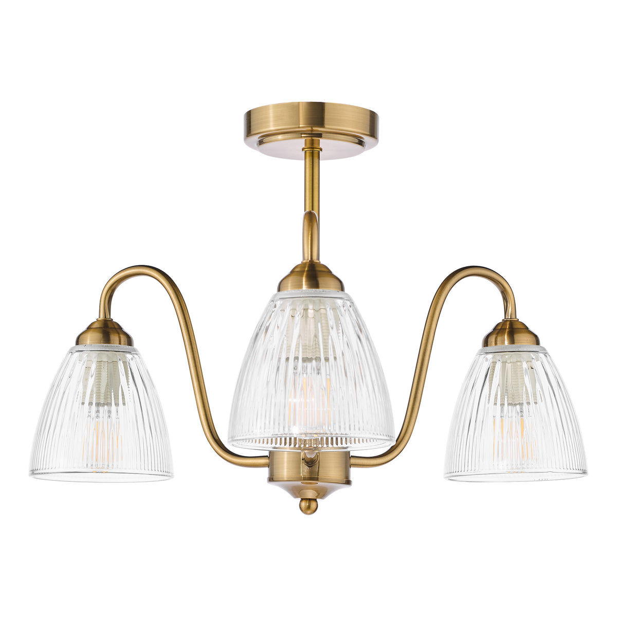 Three light semi flush mount ceiling light with clear ribbed glass shades and antique brass finish