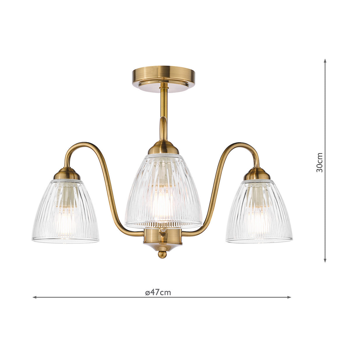 Brass ceiling light with three fluted glass shades, 30cm high and 47cm wide