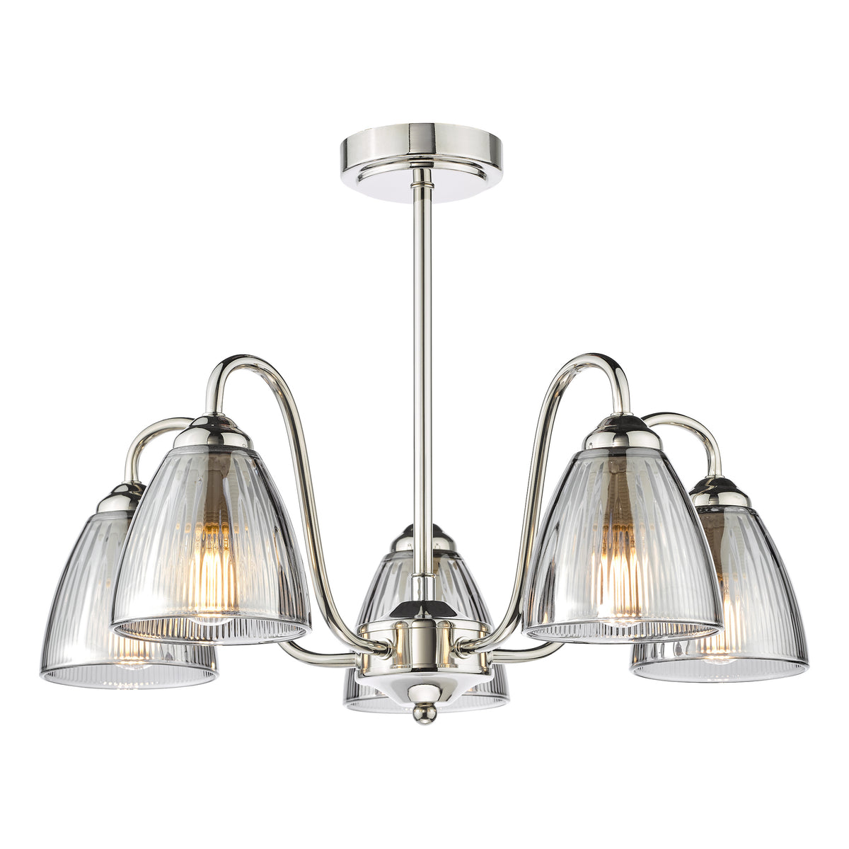 Polished nickel chandelier with five clear ribbed glass shades