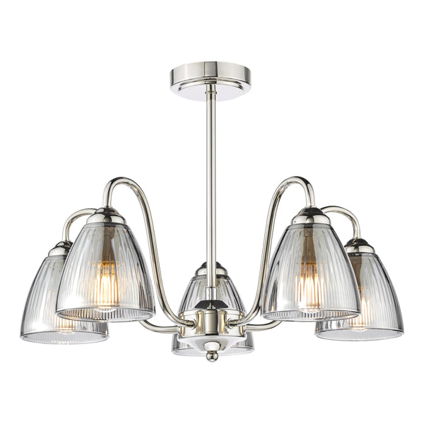 Polished nickel chandelier with five clear ribbed glass shades