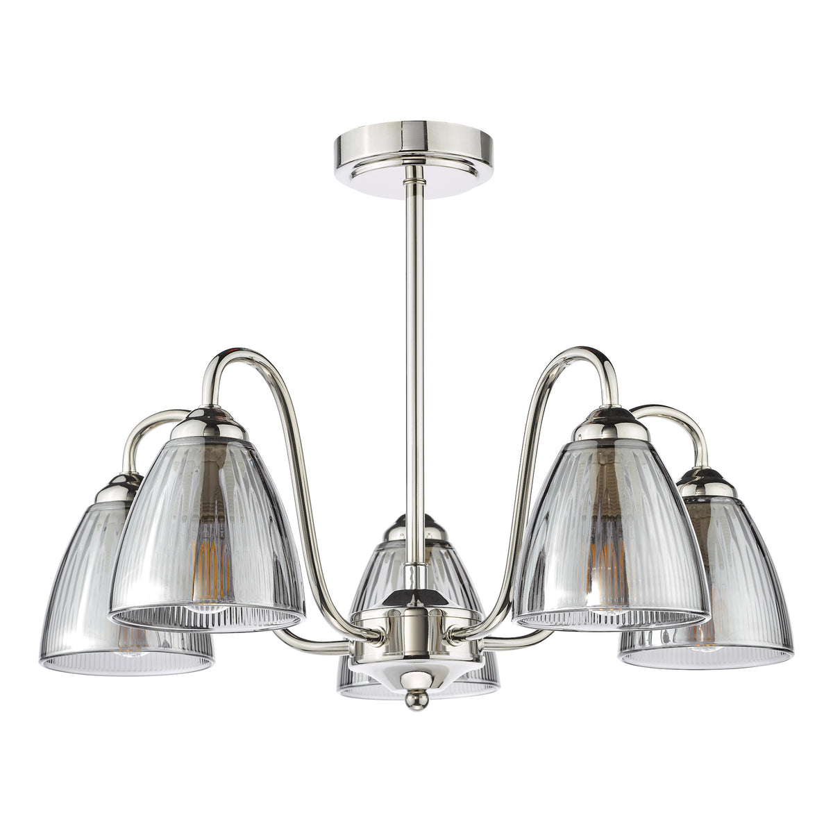 Polished nickel ceiling light with five ribbed glass shades