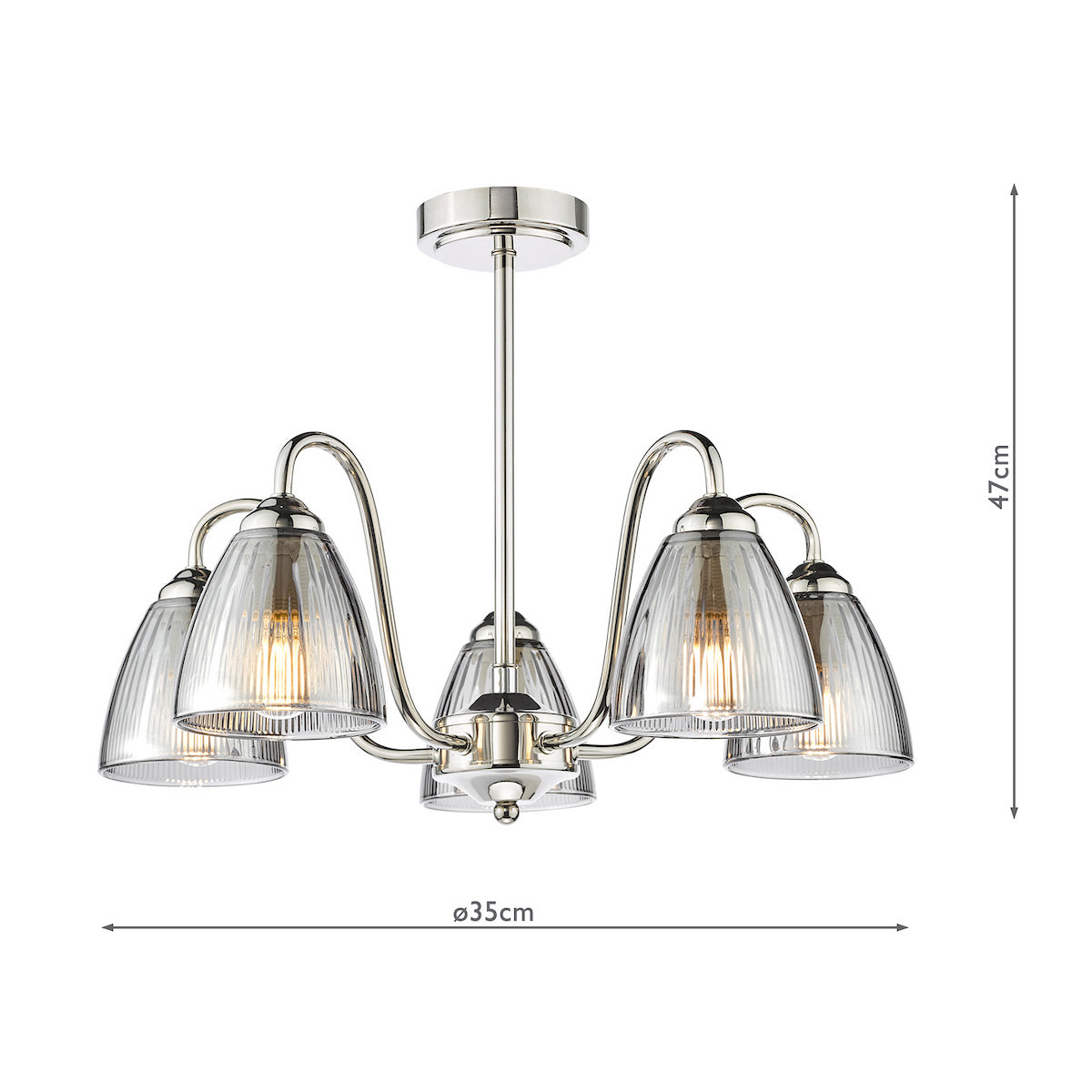 Five light chandelier with ribbed glass shades and polished chrome finish, 47cm height, 35cm diameter