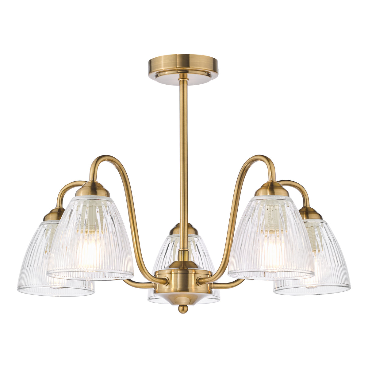Brass chandelier with five ribbed glass shades