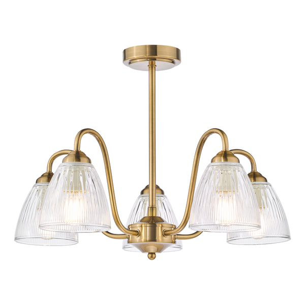 Brass chandelier with five ribbed glass shades