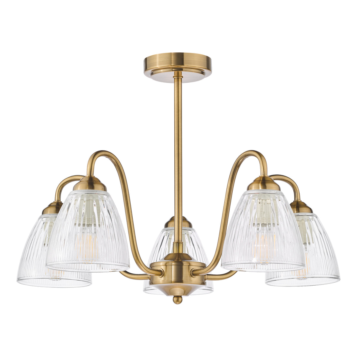 Brass chandelier with five ribbed glass shades