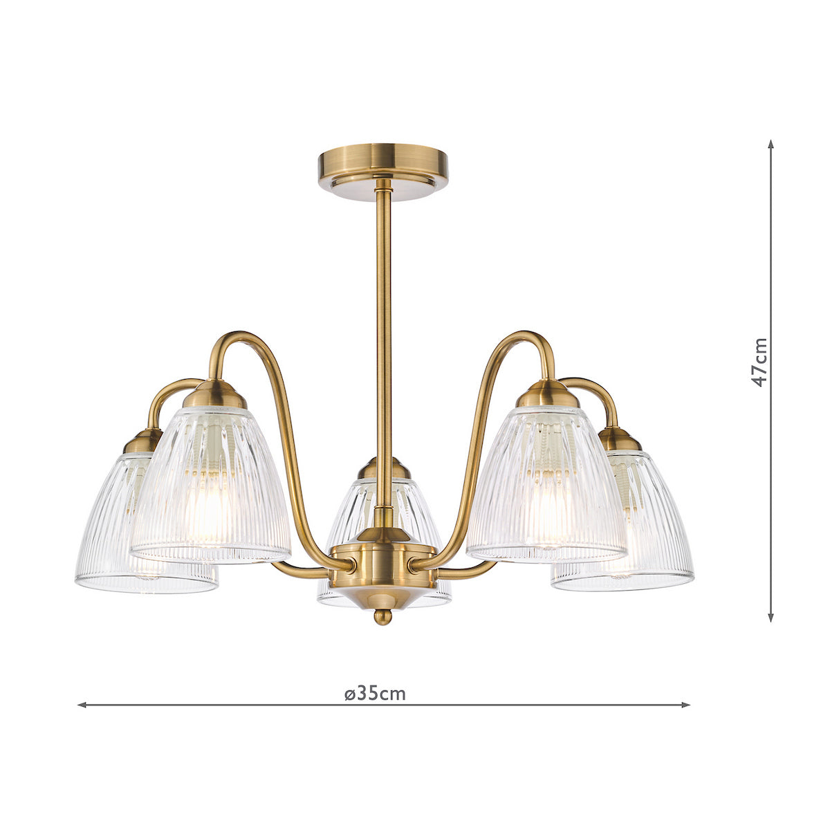 Brass chandelier with five fluted glass shades, 47cm high and 35cm wide