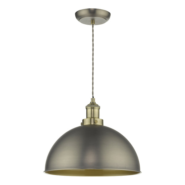 A bronze dome-shaped pendant light with a gold interior and a twisted cord.