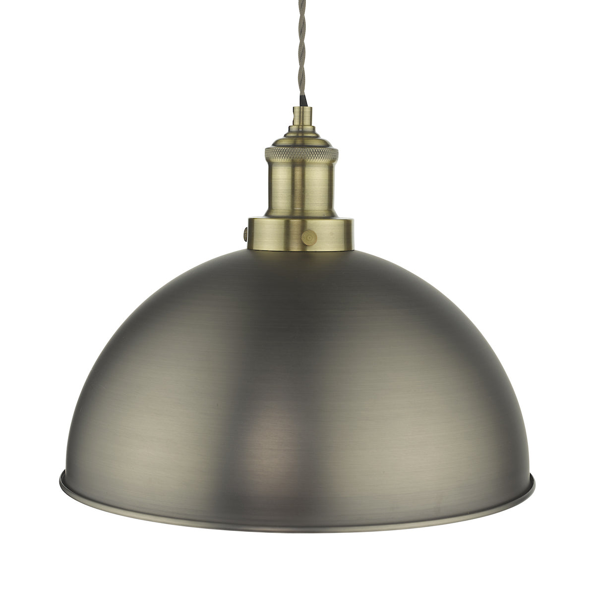 Antique brass dome pendant light with a braided cord.