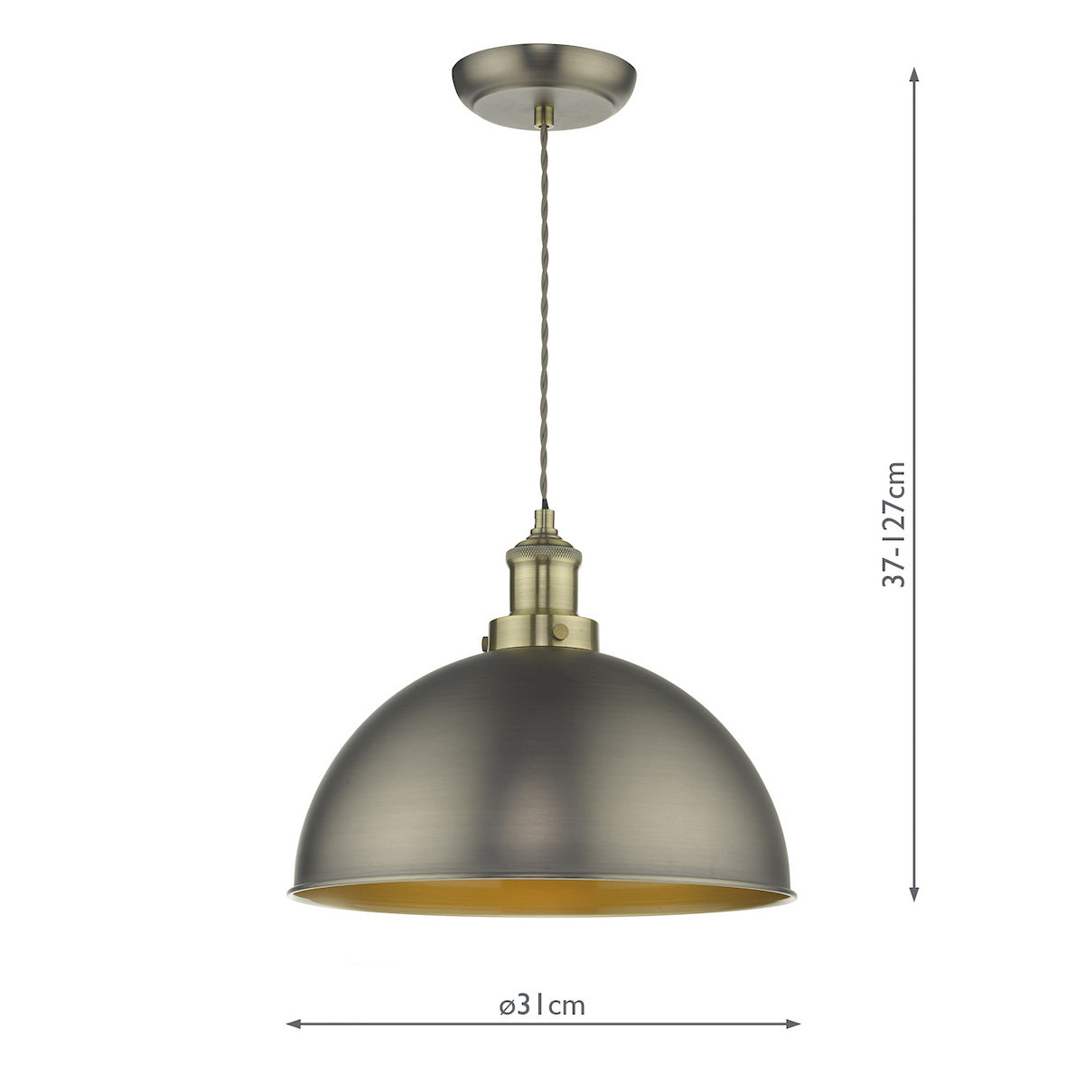 A bronze dome pendant light with a gold interior and adjustable height, 31cm diameter.