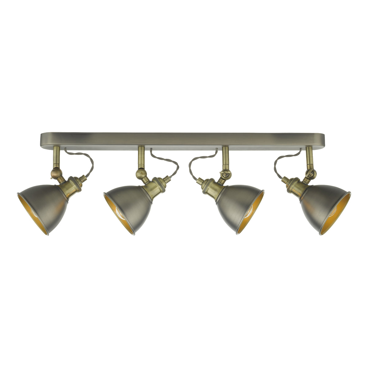Four light track lighting fixture in antique brass finish