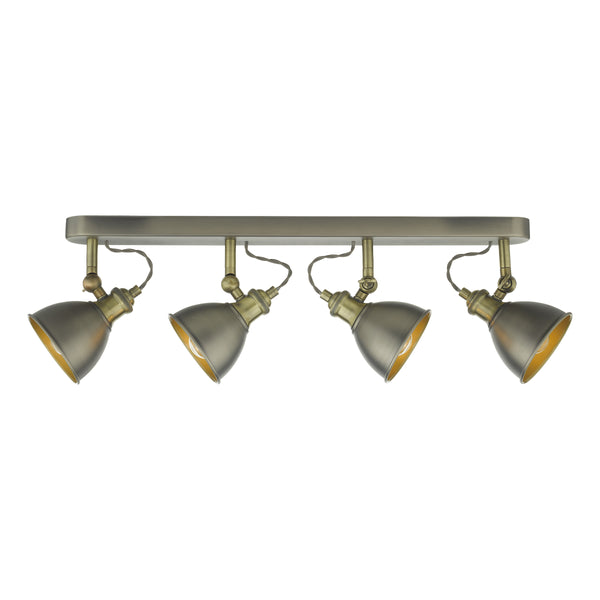 Four light track lighting fixture in antique brass finish
