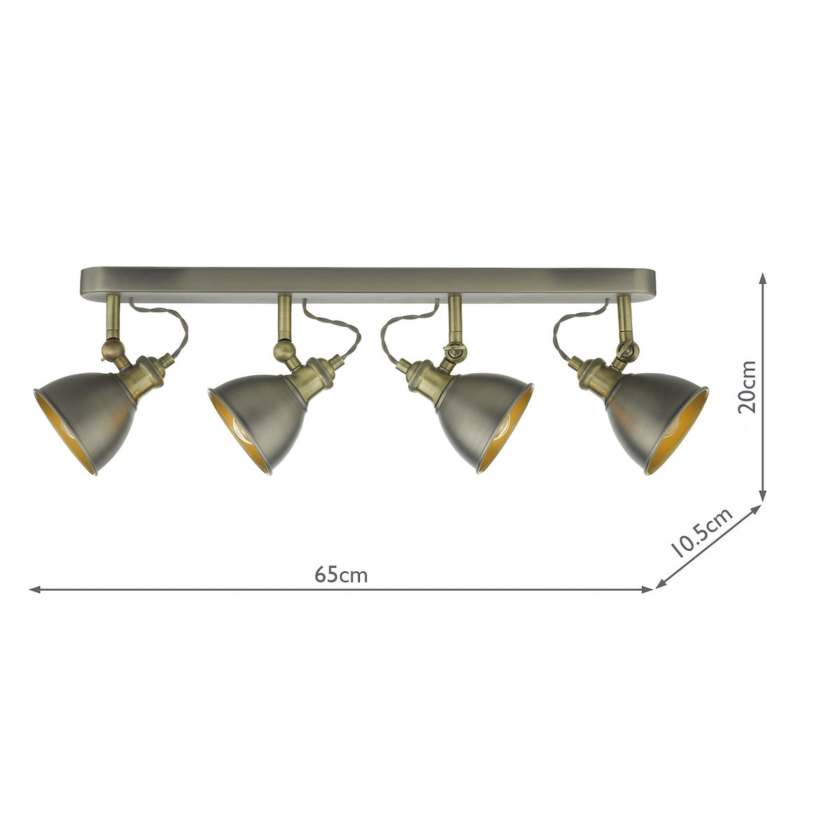 Four antique brass industrial style ceiling spotlights with dimensions