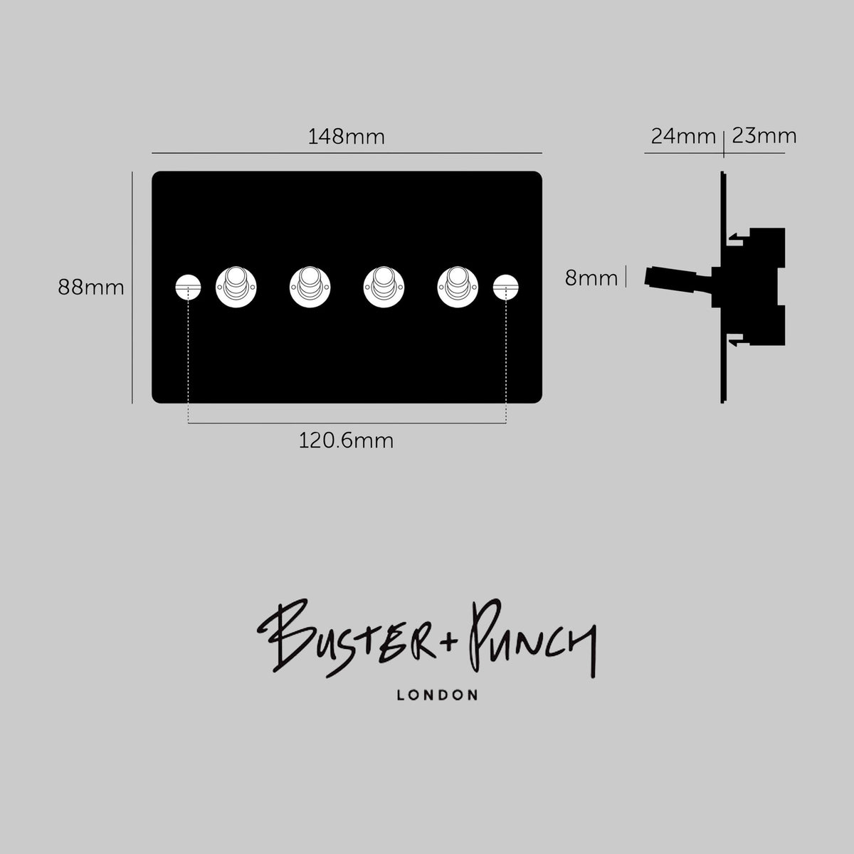 Four Gang 2 Way Light Switch in Steel with Cross Cut Knurled Toggles
