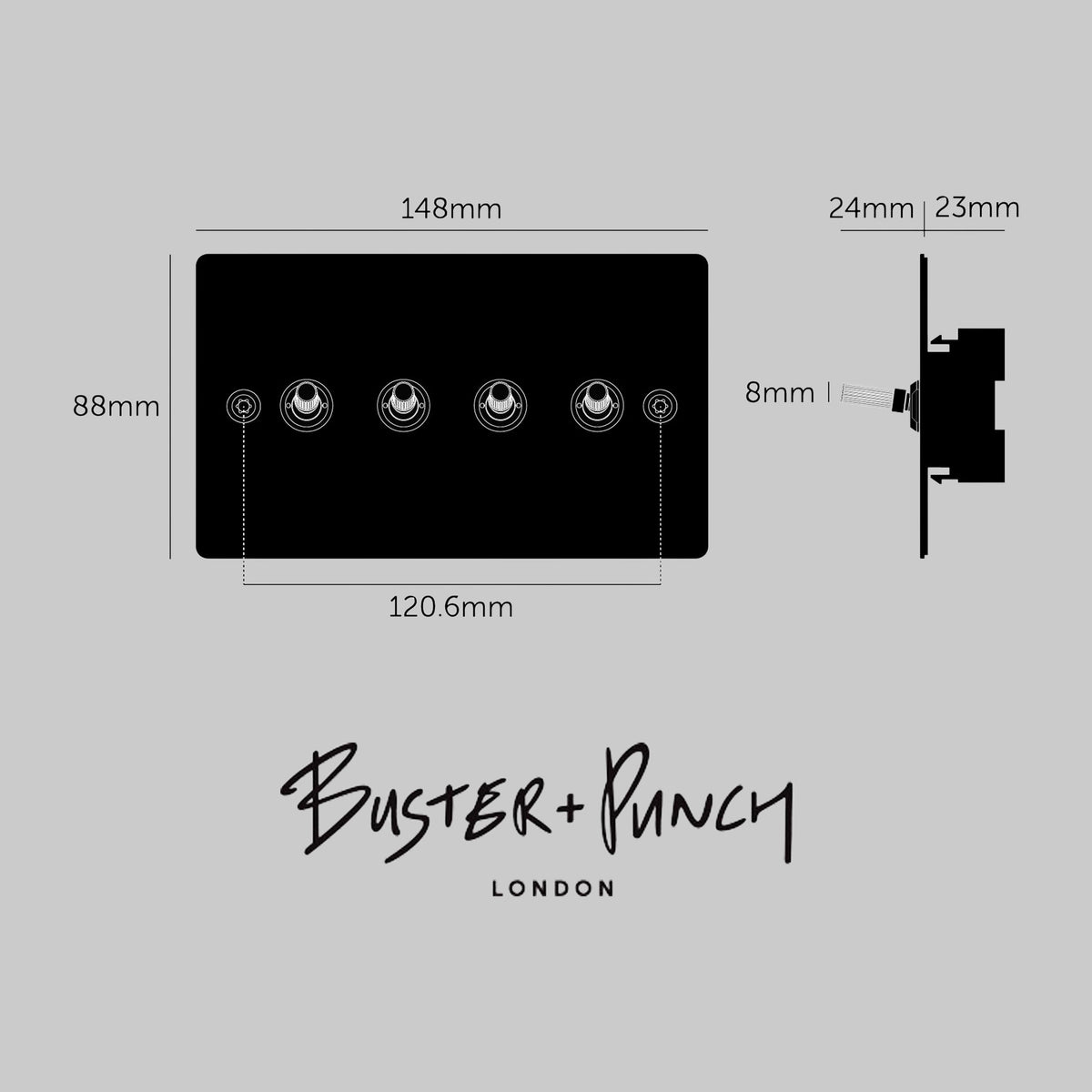 Buster + Punch 4G dimmer switch in black with measurements