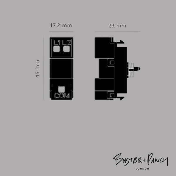 Technical drawing of a dimmer module with dimensions: 45mm height, 17.2mm width, 23mm depth