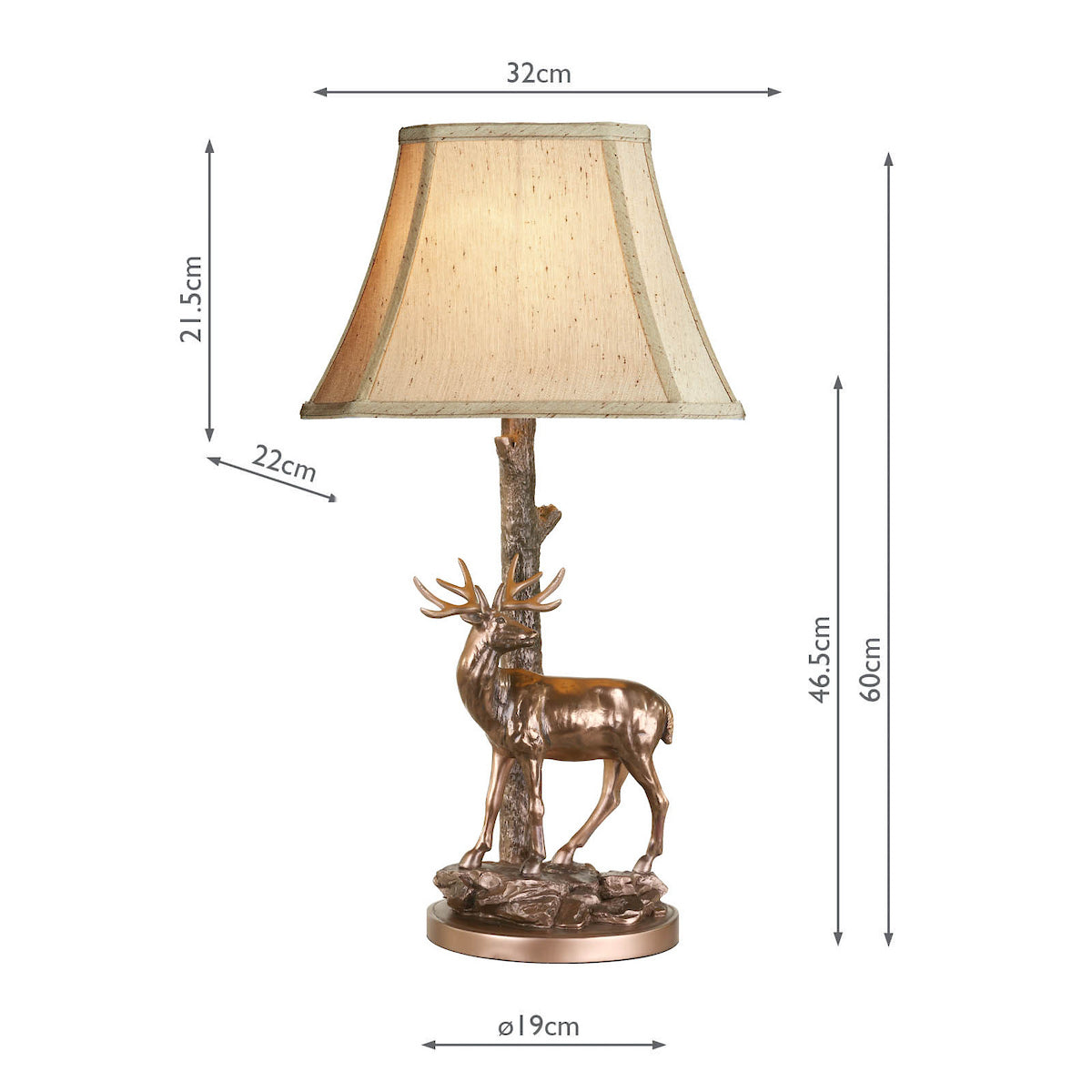 Bronze deer table lamp with a beige shade and dimensions shown.