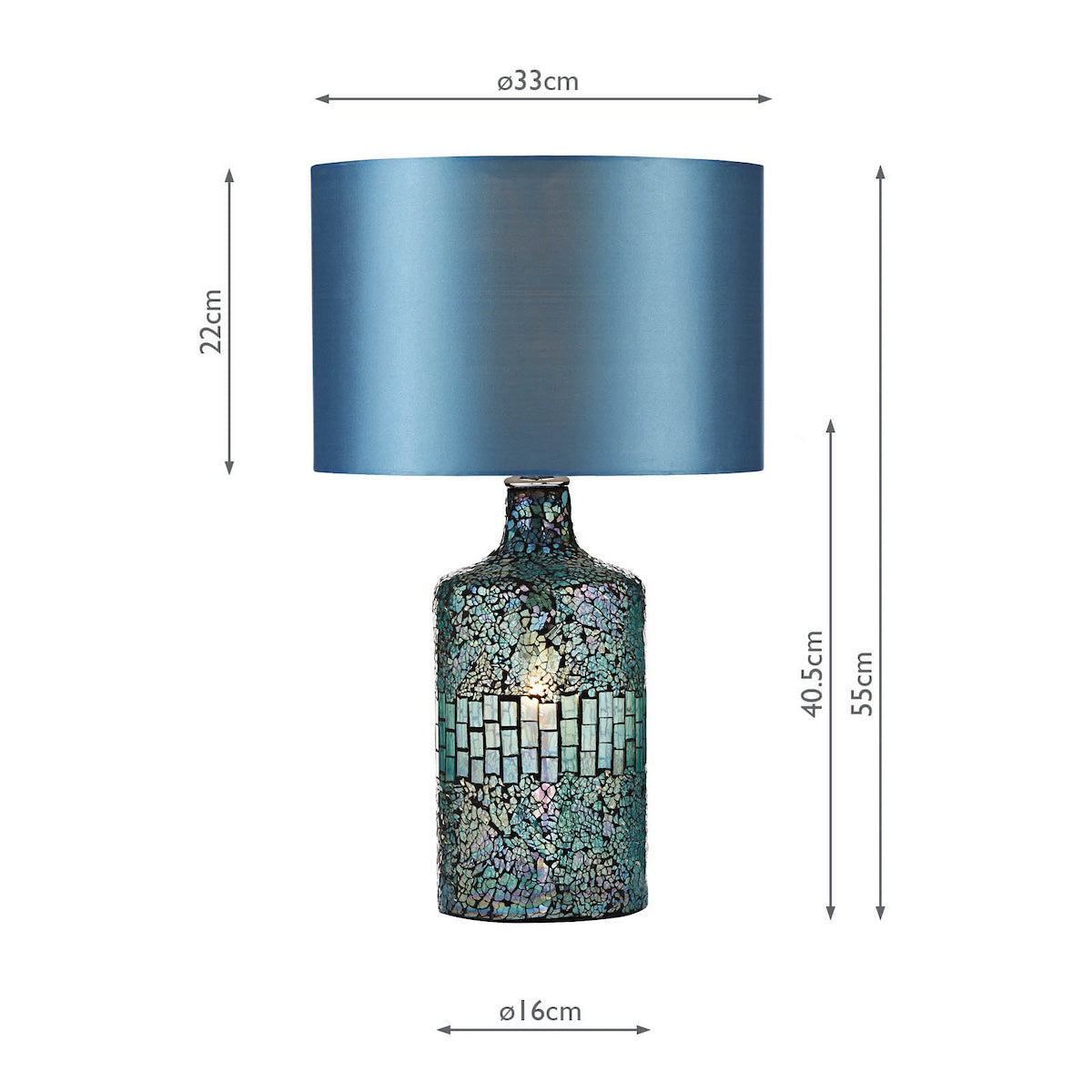 Teal mosaic glass table lamp with a matching teal drum shade and dimensions.