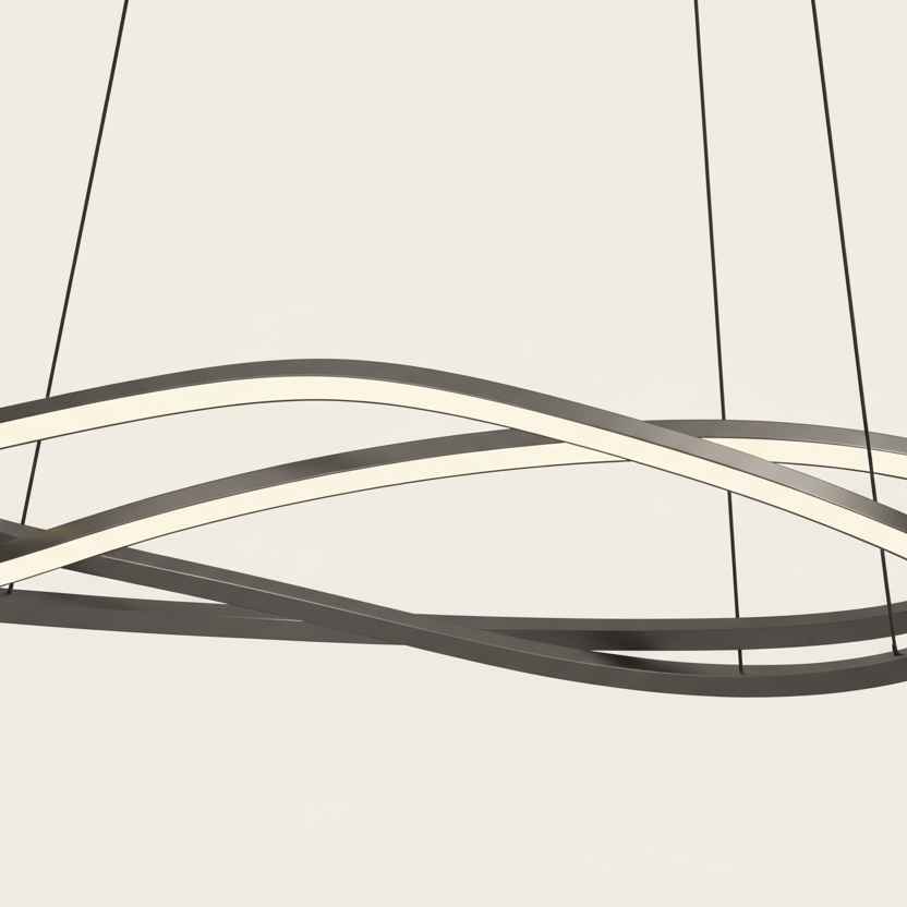 Modern chandelier with three intertwined wavy bands of dark metal, each band illuminated with a strip of light