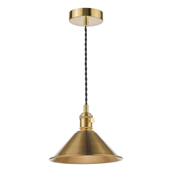 Brass pendant light with a conical shade and a black twisted fabric cord.