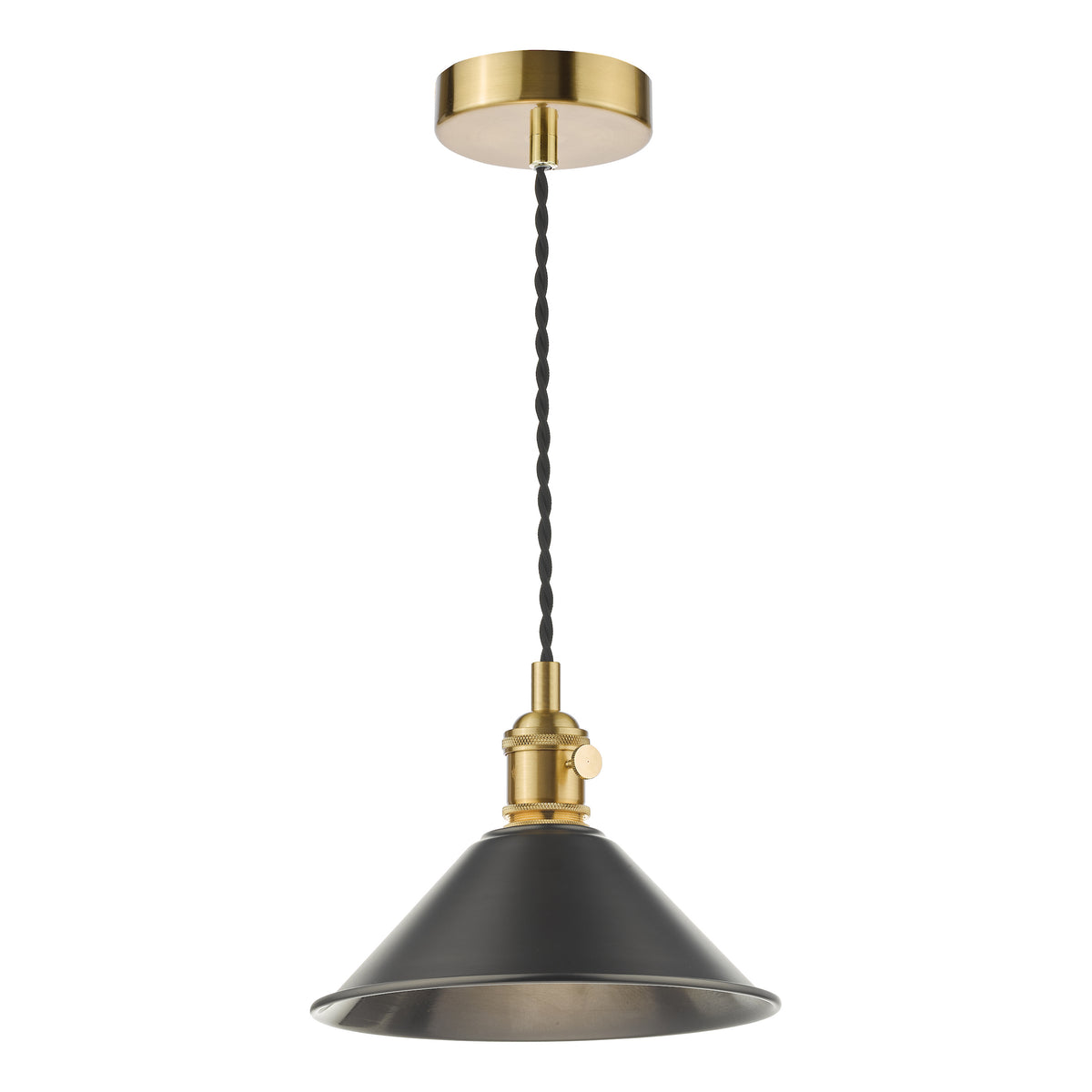 A black and brass pendant light with a conical shade and twisted fabric cable.