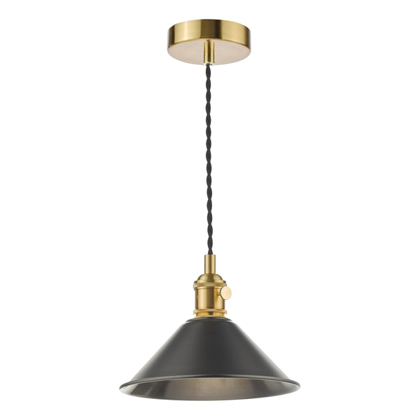 A black and brass pendant light with a conical shade and twisted fabric cable.