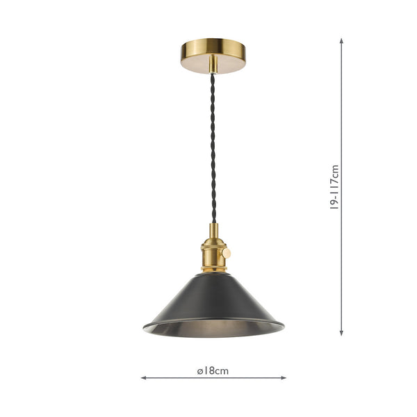 Black and brass pendant light with a conical shade, showing dimensions of 19-117cm height and 18cm diameter. 
