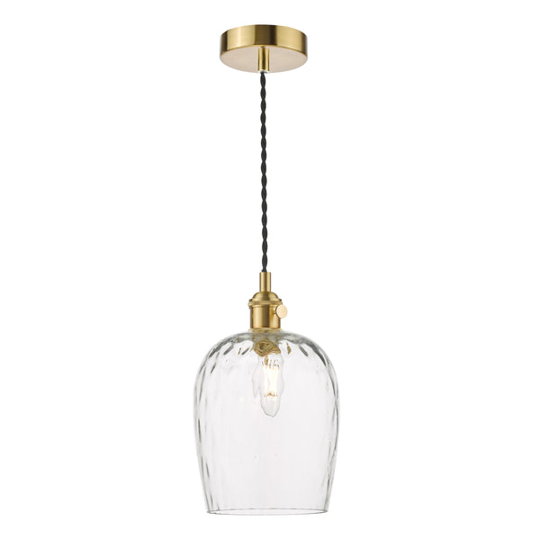 A clear glass pendant light with a textured surface, brass hardware, and a black braided cord.