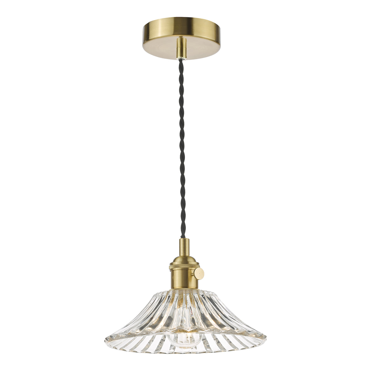 Brass ceiling light with a clear, fluted glass shade and black braided cord.