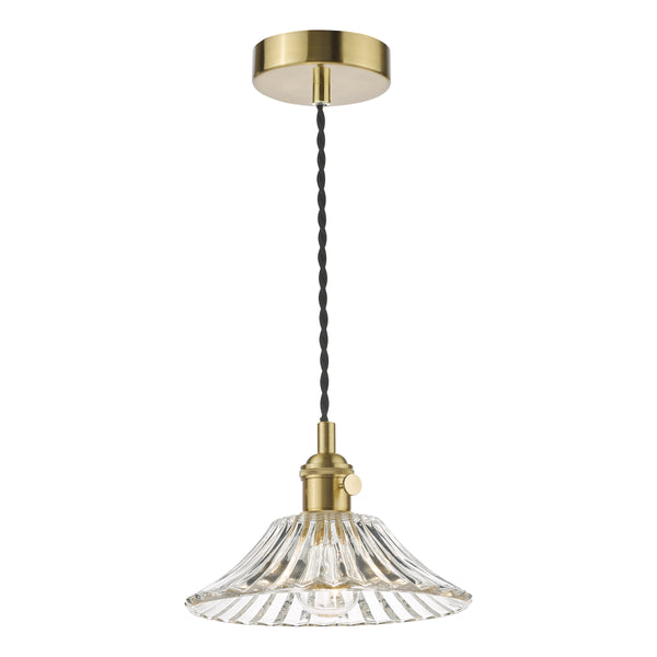 Brass ceiling light with a clear, fluted glass shade and black braided cord.