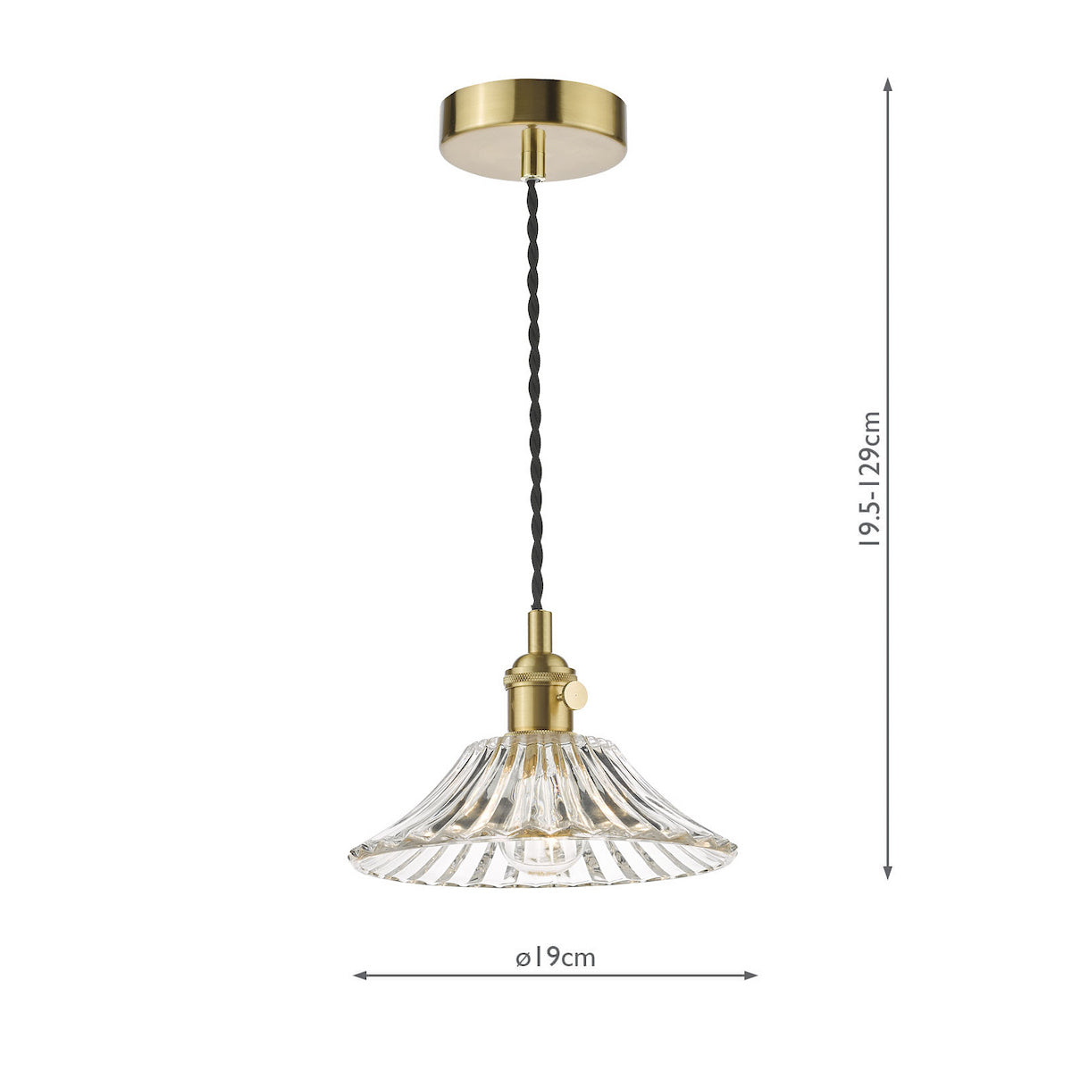 Brass ceiling pendant with a clear, ribbed glass shade. Dimensions 19.5-129cm high, 19cm diameter.