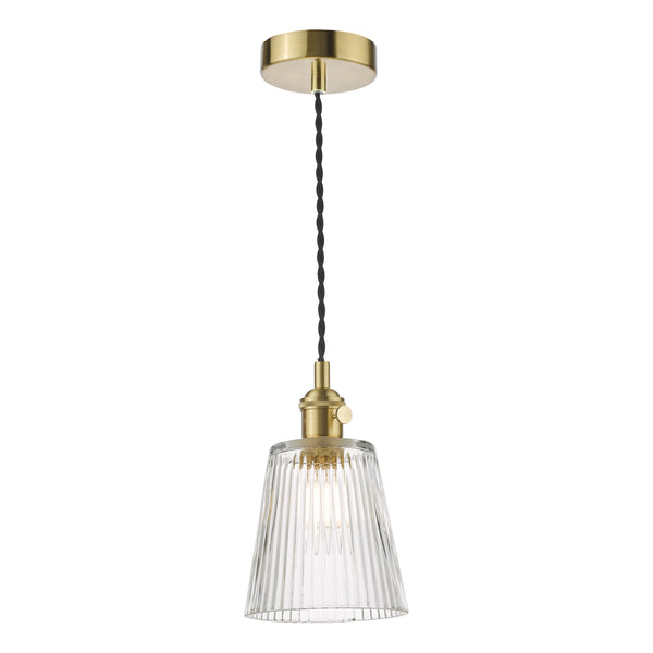 Brass pendant light with a clear, fluted glass shade and a black braided cord.