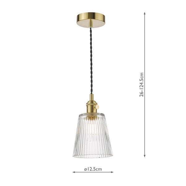 A brass pendant light with a clear, fluted glass shade and a black braided cord. It measures 26-124.5cm tall and 12.5cm wide.