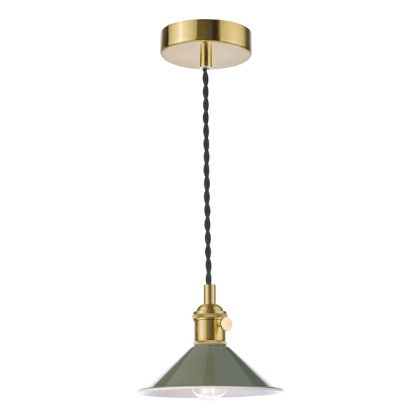 A brass ceiling rose with a black twisted cable leading to a brass lamp holder and a green conical shade.