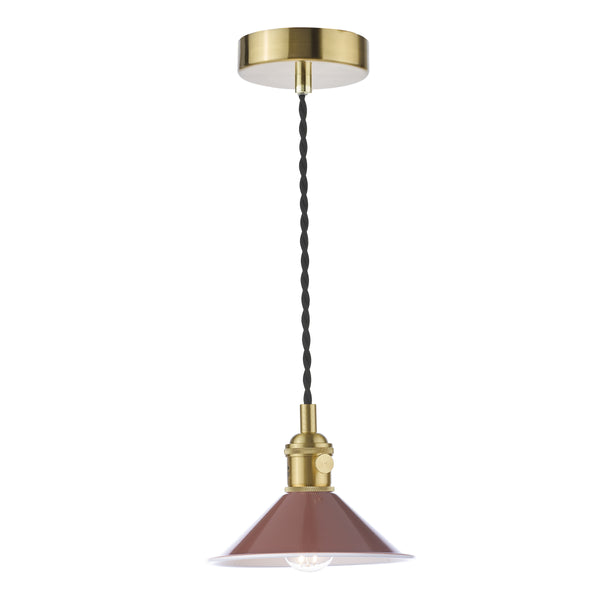A modern pendant light with a brass ceiling rose, black twisted cord, and a terracotta-colored cone shade.