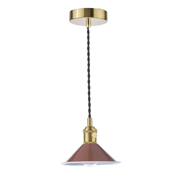A modern pendant light with a brass ceiling rose, black twisted cable, and a terracotta-colored conical shade.