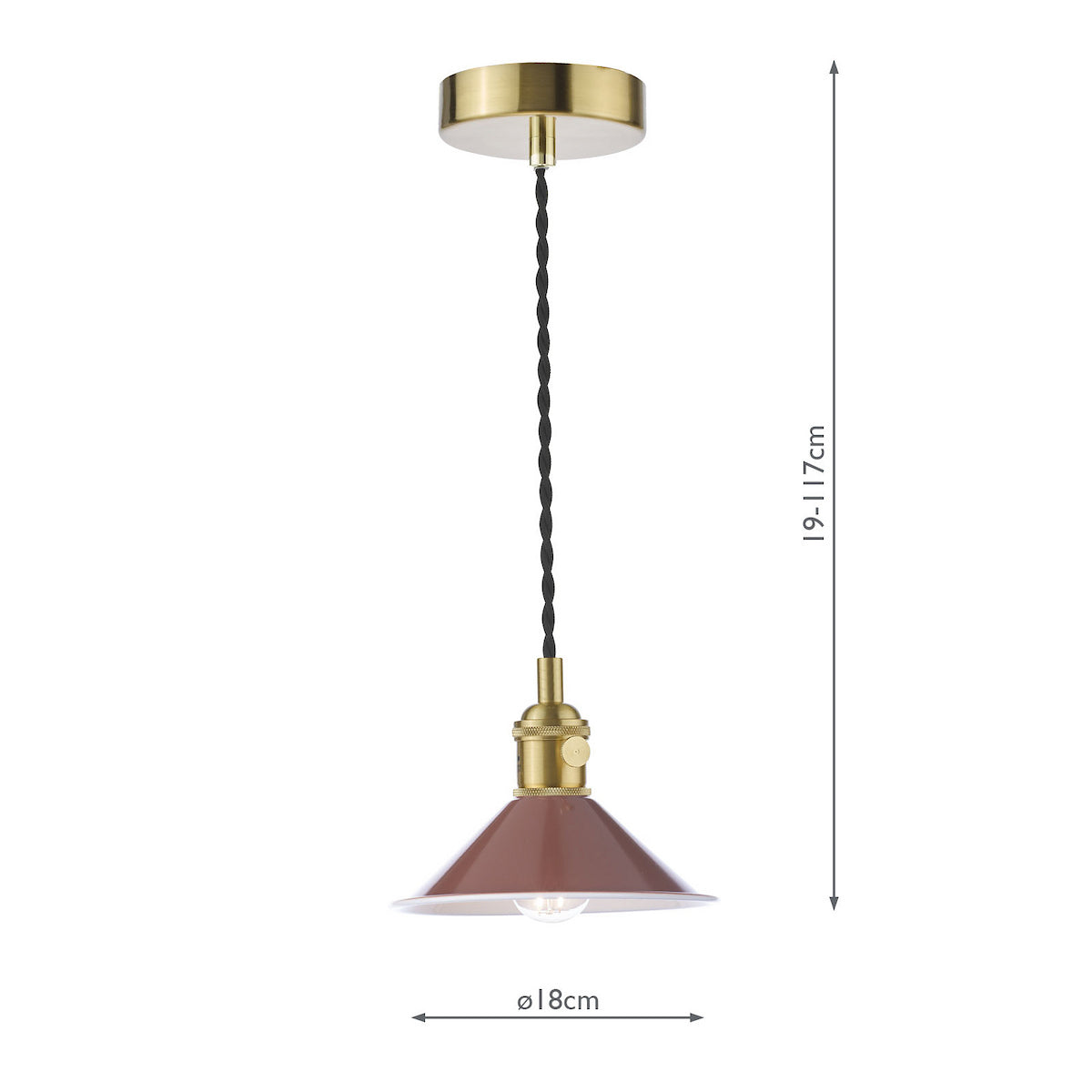 A brown and brass pendant light with a twisted black cord, showing dimensions of 19-117cm height and 18cm diameter.