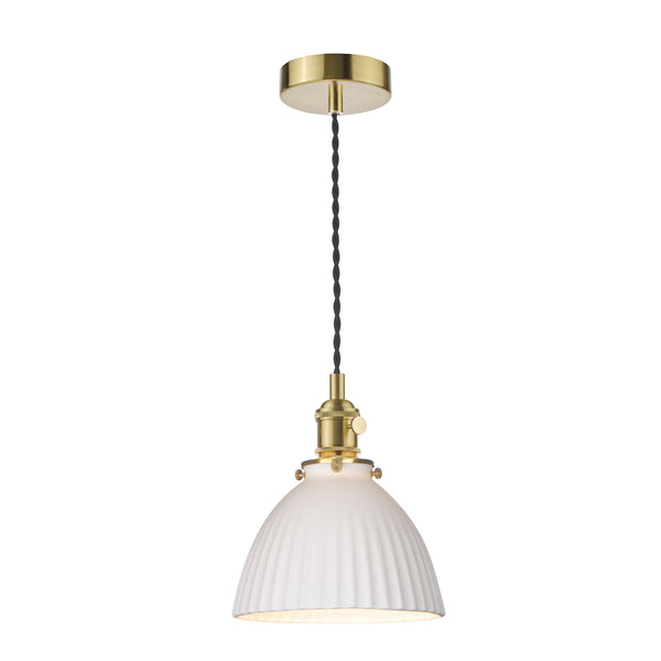 White fluted ceramic pendant light with brass fittings and a black braided cord.