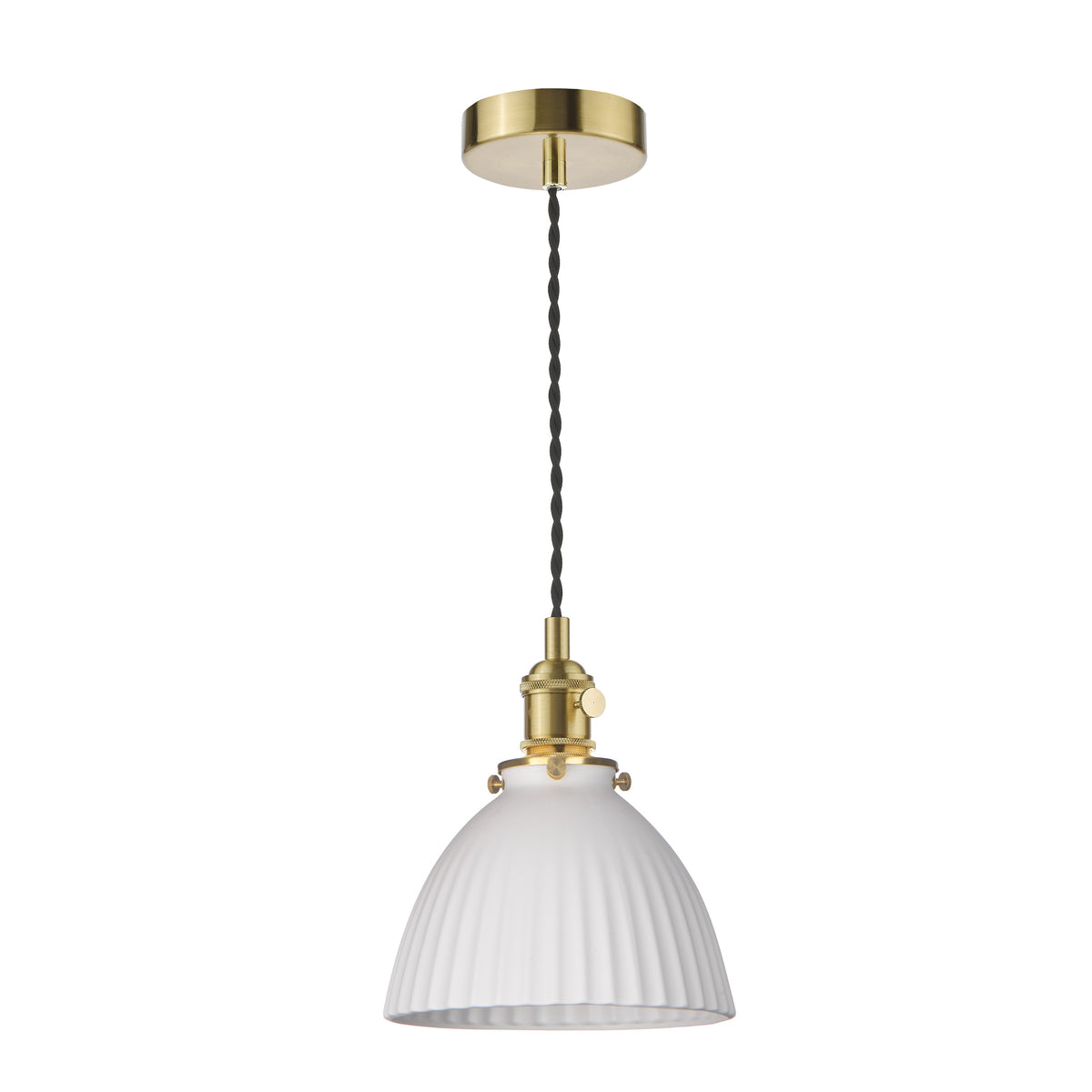 White fluted glass pendant light with brass hardware and black braided cord.